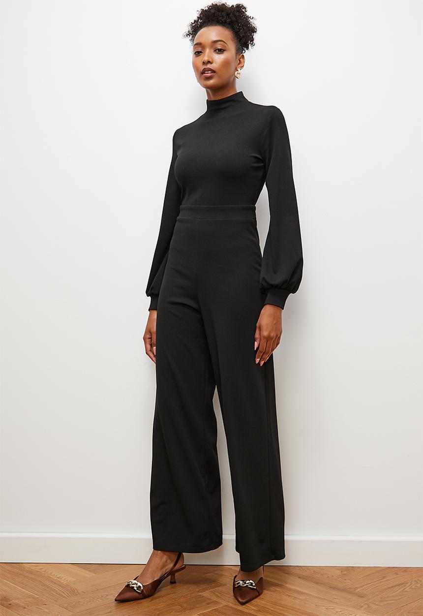 edit - Crepe knit turtle neck jumpsuit with balloon sleeve - black