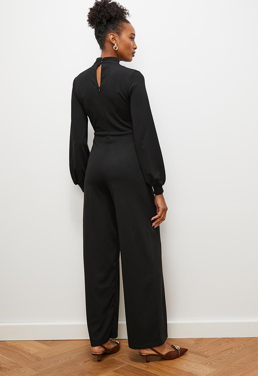 edit - Crepe knit turtle neck jumpsuit with balloon sleeve - black