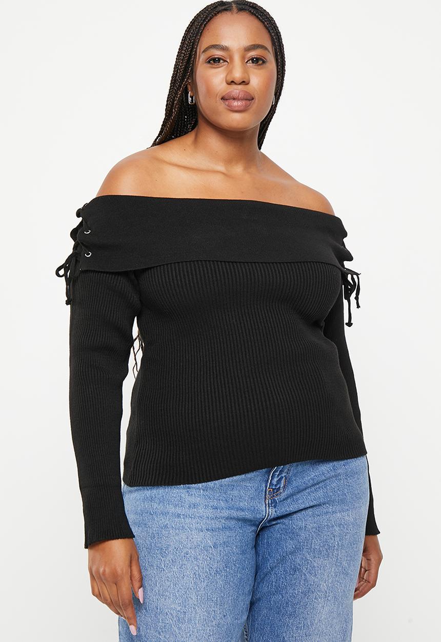 Trendyol - Plus tie detailed carmen sweater  - black