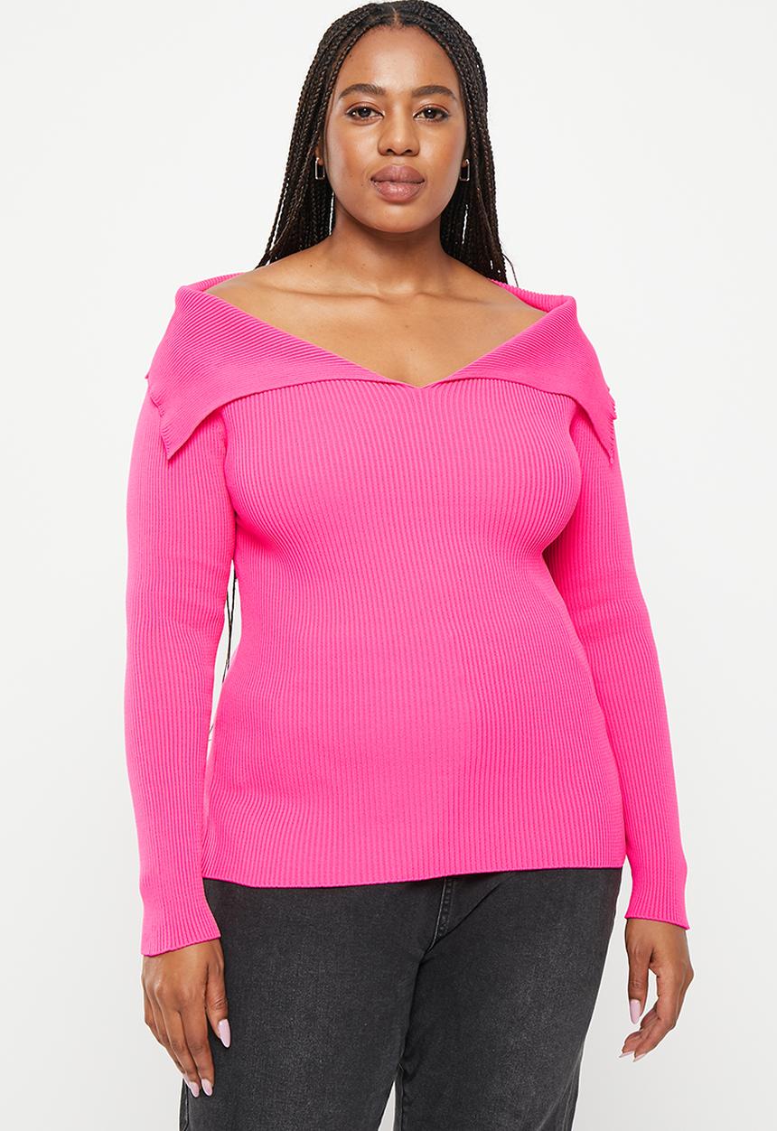 Trendyol - Plus boat neck thin knitwear blouse - fuchsia