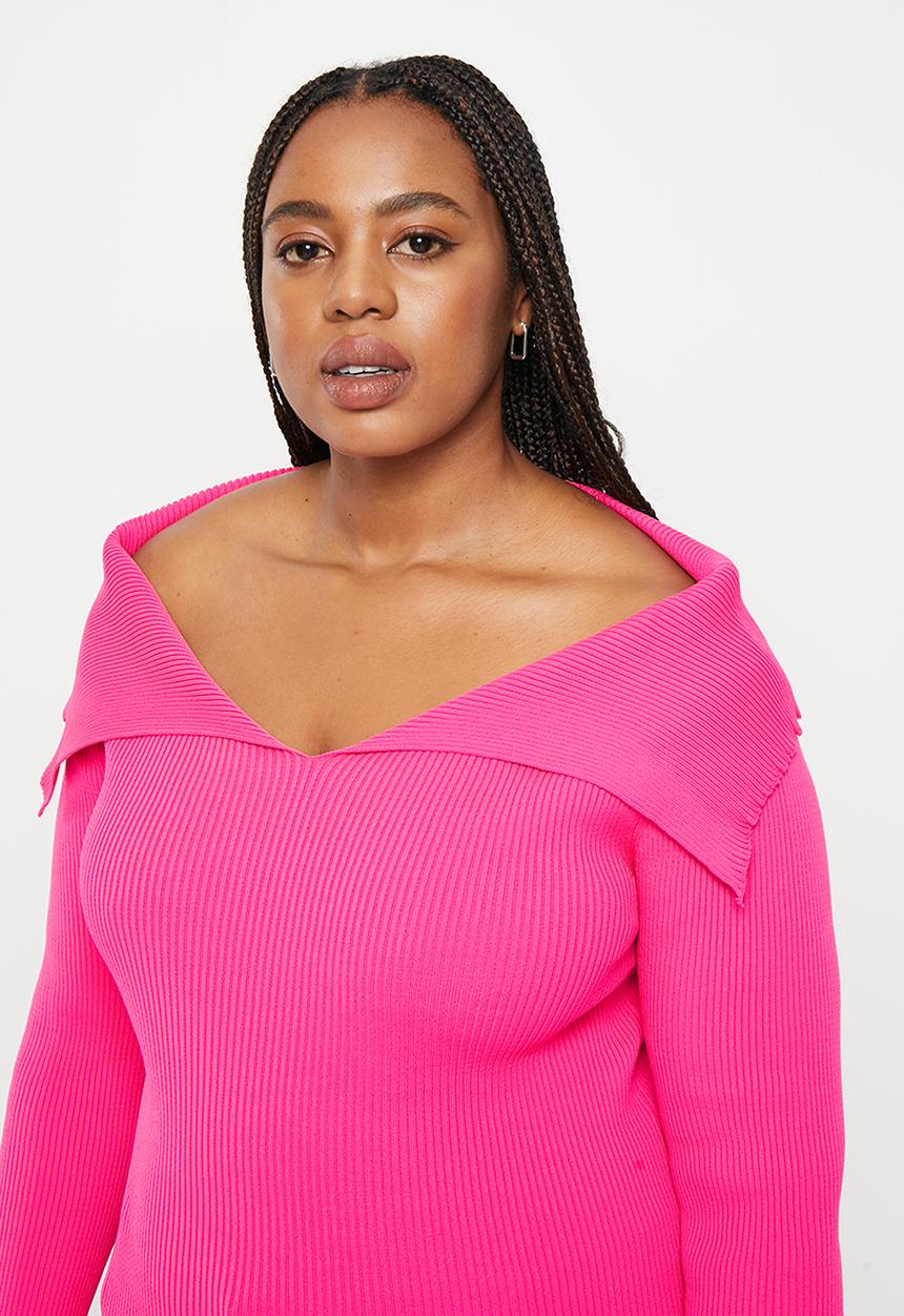 Trendyol - Plus boat neck thin knitwear blouse - fuchsia