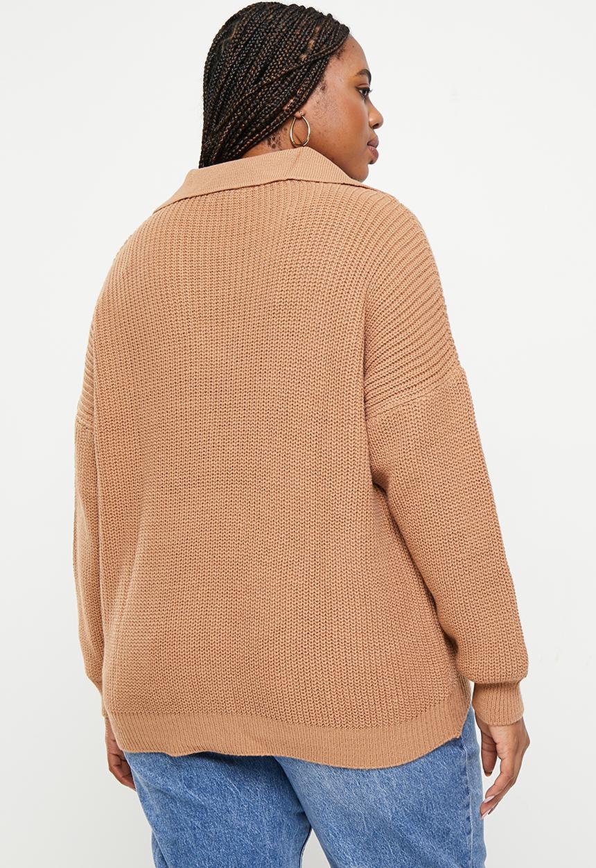 Trendyol - Plus shirt collar sweater - camel