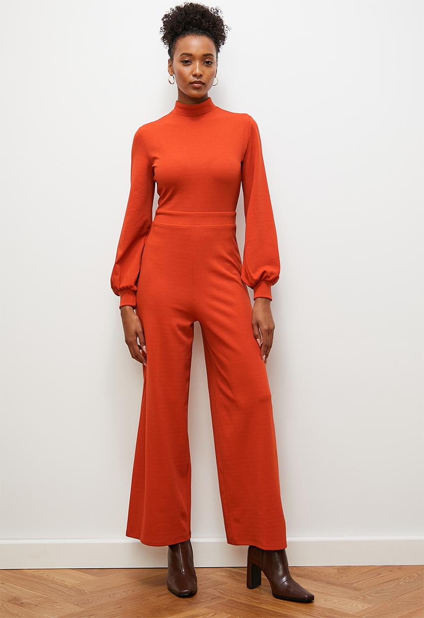edit - Crepe knit turtle neck jumpsuit with balloon sleeve - earth red