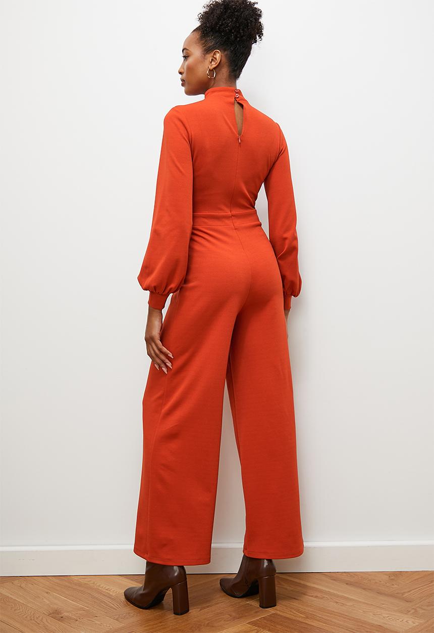 edit - Crepe knit turtle neck jumpsuit with balloon sleeve - earth red
