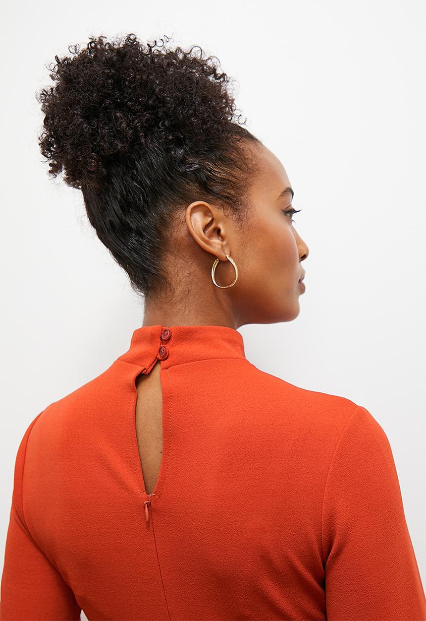 edit - Crepe knit turtle neck jumpsuit with balloon sleeve - earth red