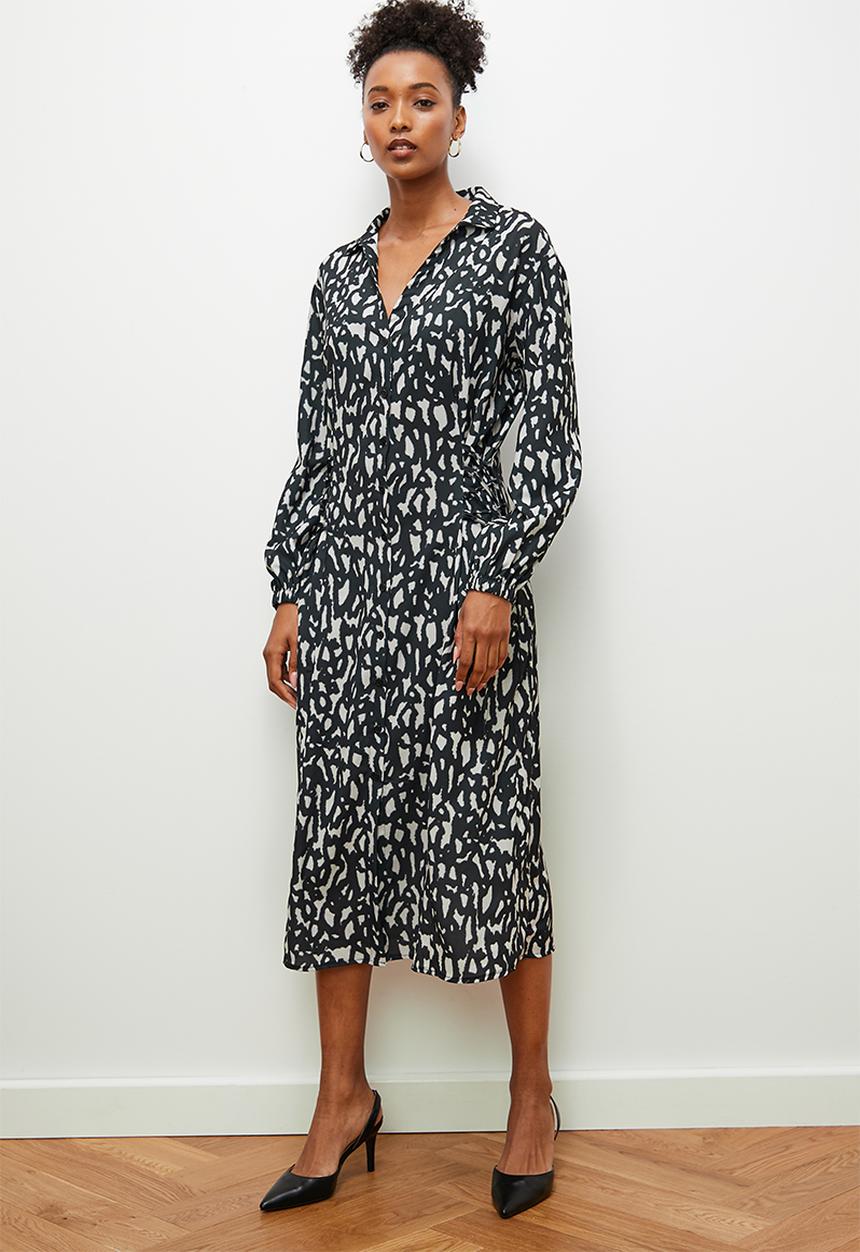 edit - Shirt dress with lace up detail -black stone abstract