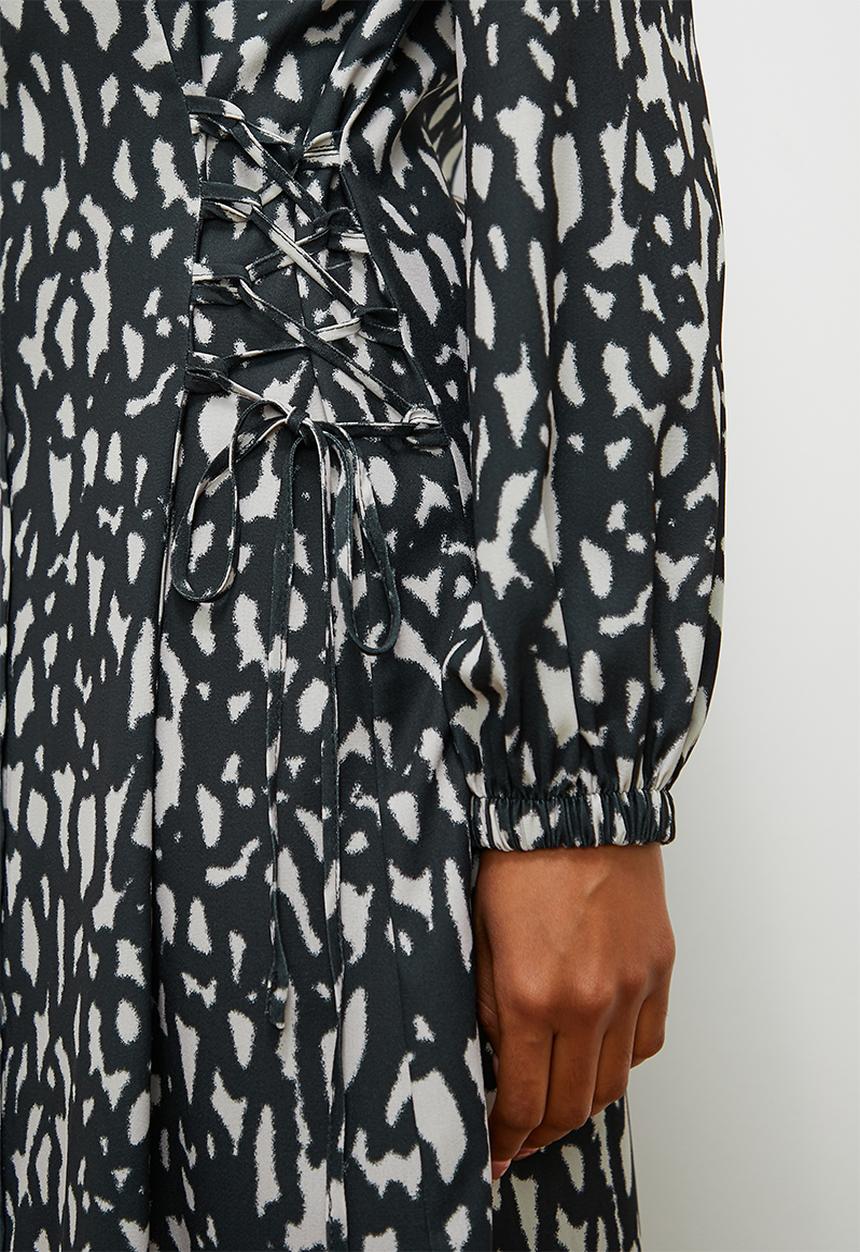 edit - Shirt dress with lace up detail -black stone abstract