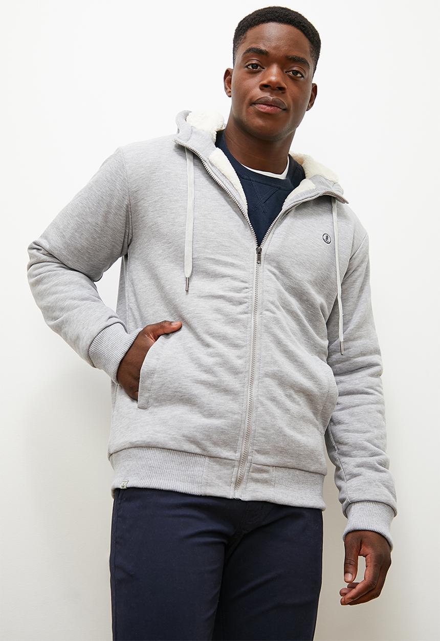 Lark & Crosse - Themba sherpa lined zip through hoodie - grey melange