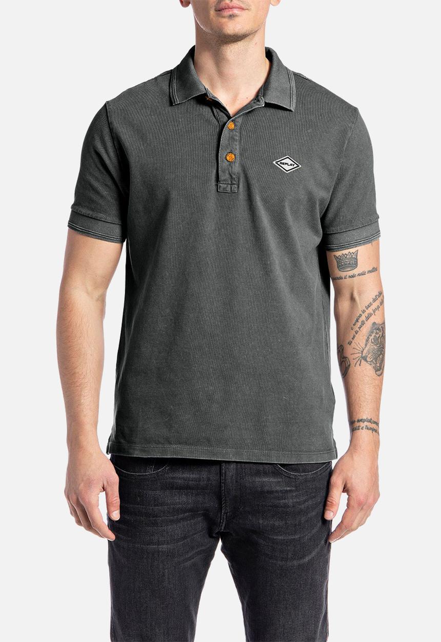 Replay - Piqué polo shirt with print - charcoal