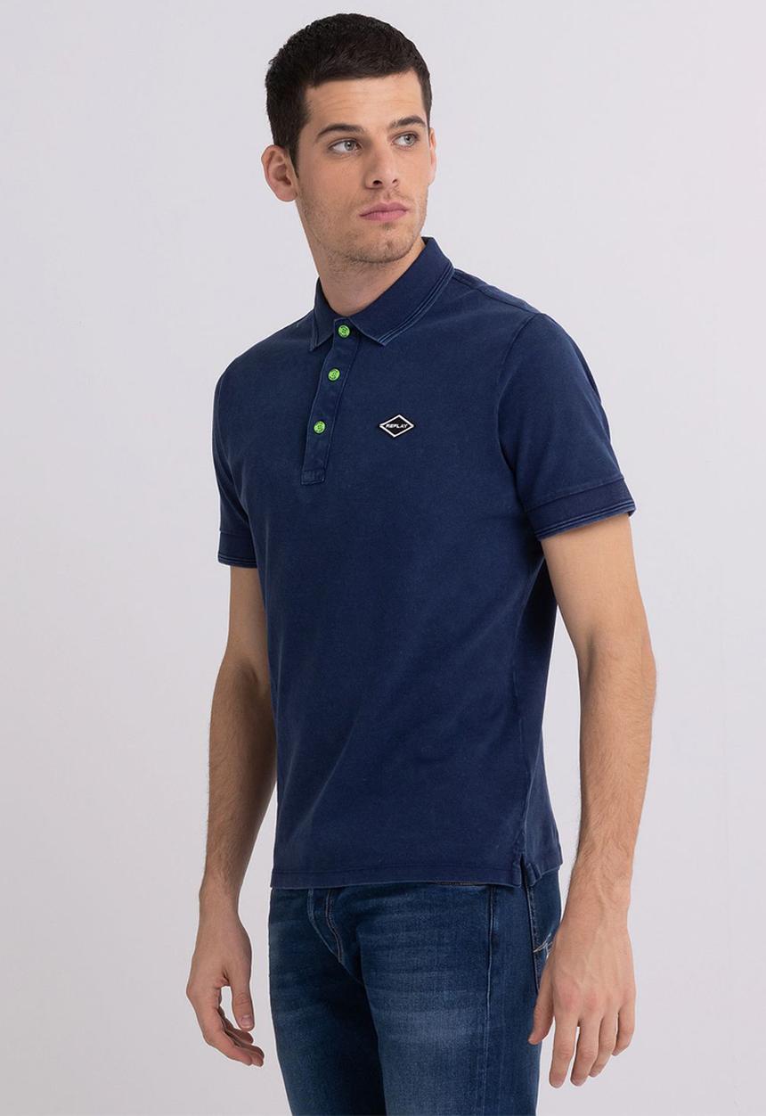 Replay - Piqué polo shirt with print - navy blue