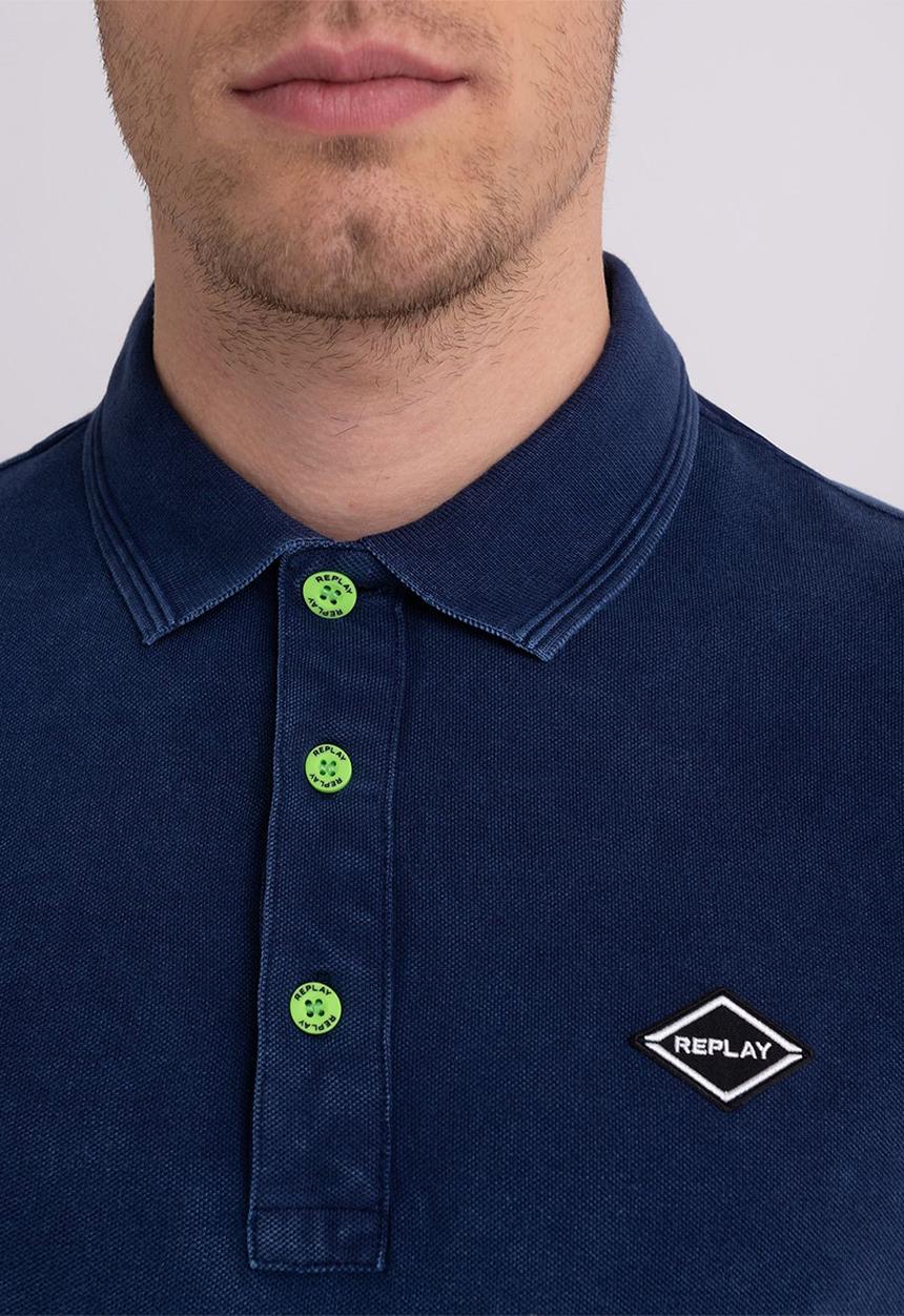 Replay - Piqué polo shirt with print - navy blue