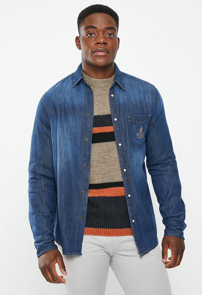 POLO - Men pjc long sleeve denim shirt - indigo