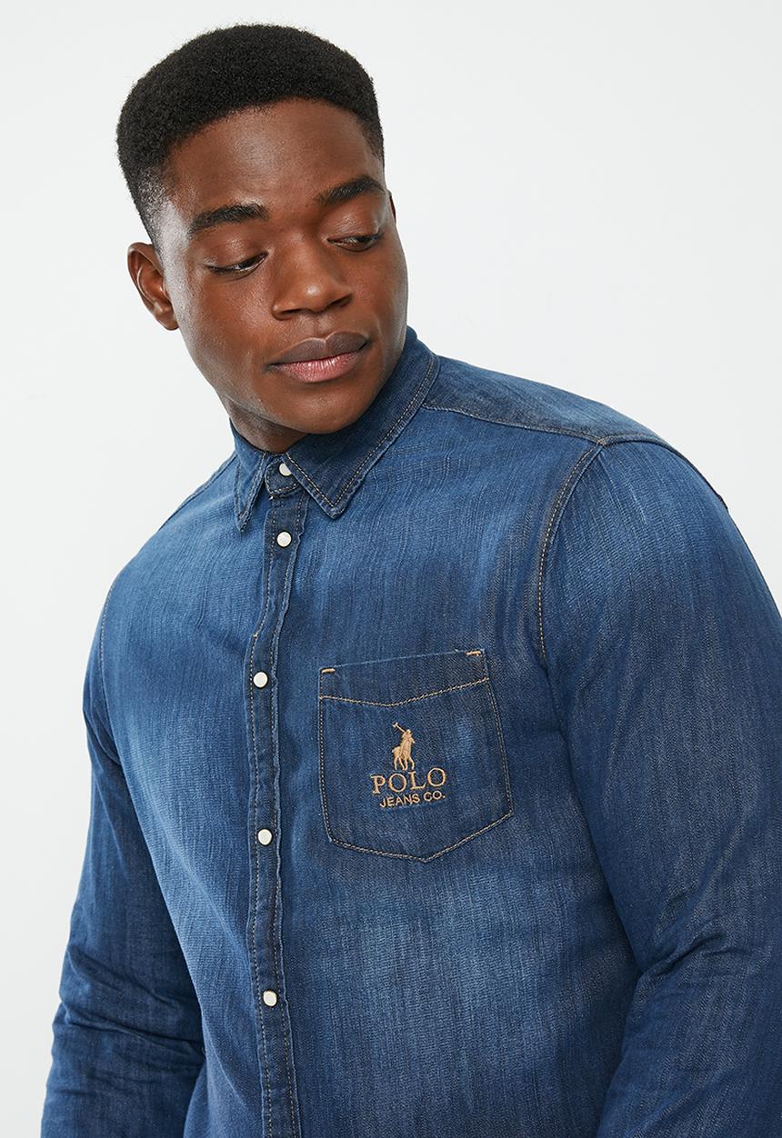 POLO - Men pjc long sleeve denim shirt - indigo