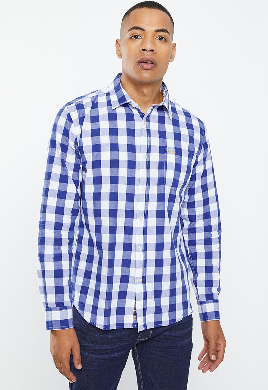 Aca Joe - Mens aca joe long sleeve check embroidery - dress blue
