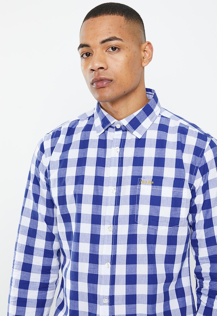 Aca Joe - Mens aca joe long sleeve check embroidery - dress blue