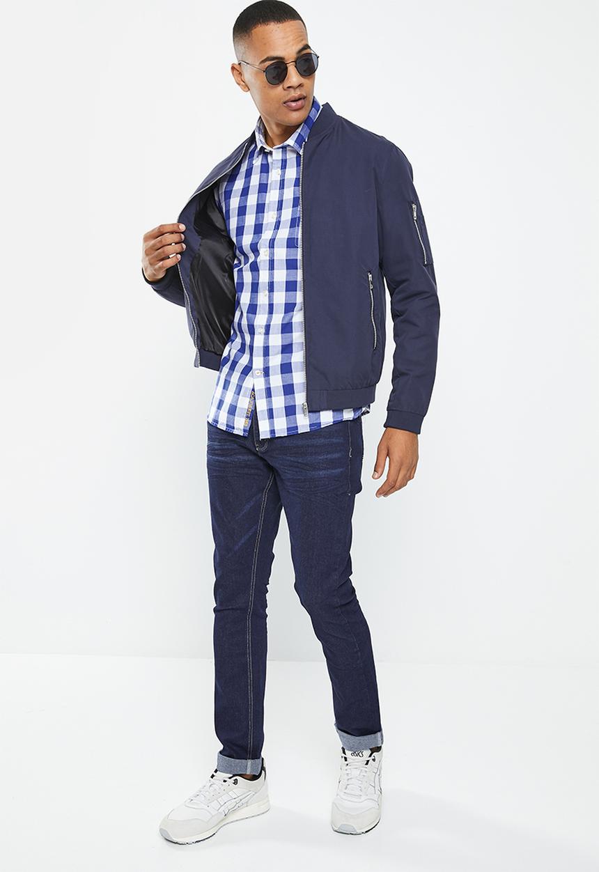 Aca Joe - Mens aca joe long sleeve check embroidery - dress blue