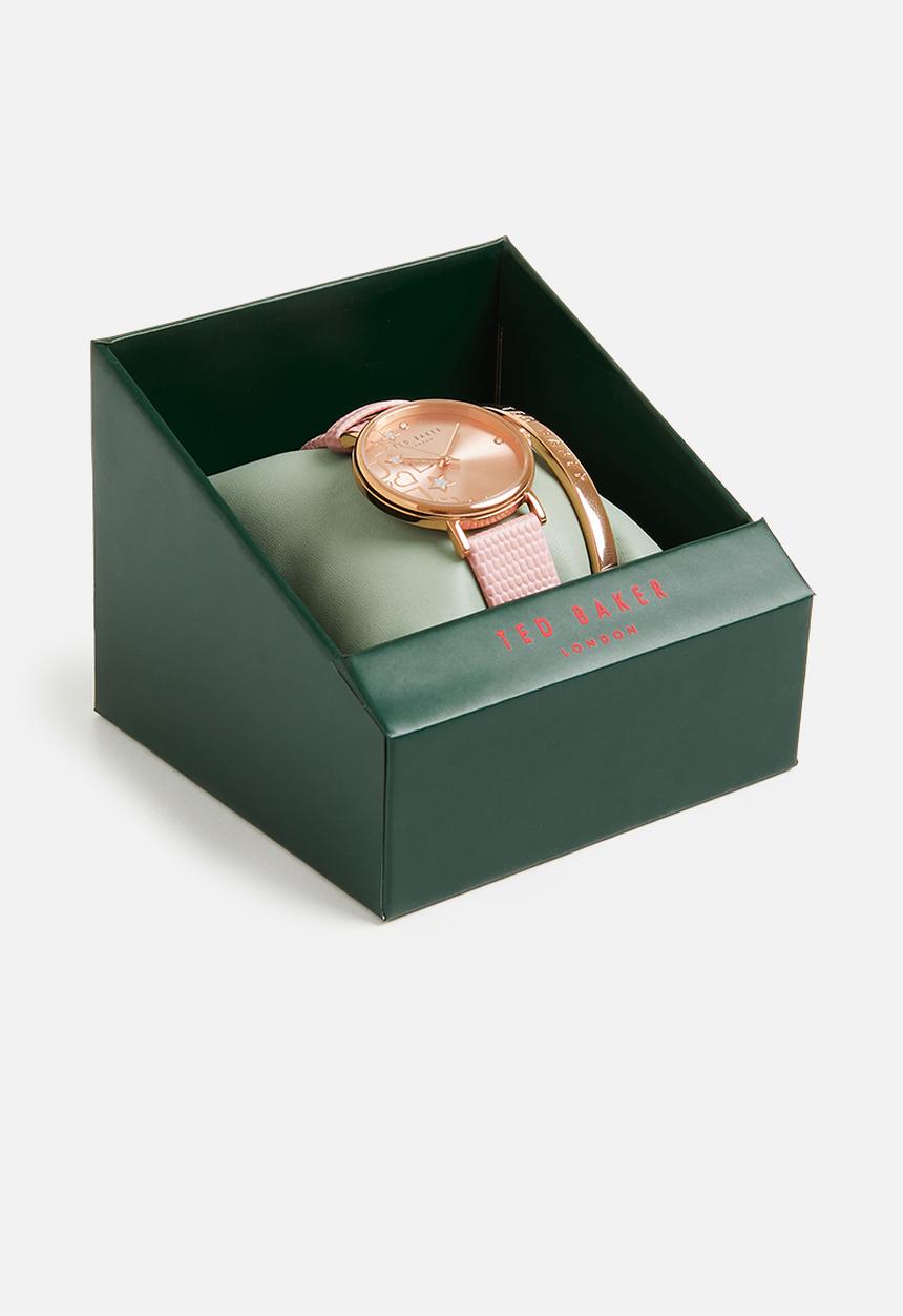 Ted Baker - Sst rose-gold case pink sunray dial with crystals at quarters bangle bracelet