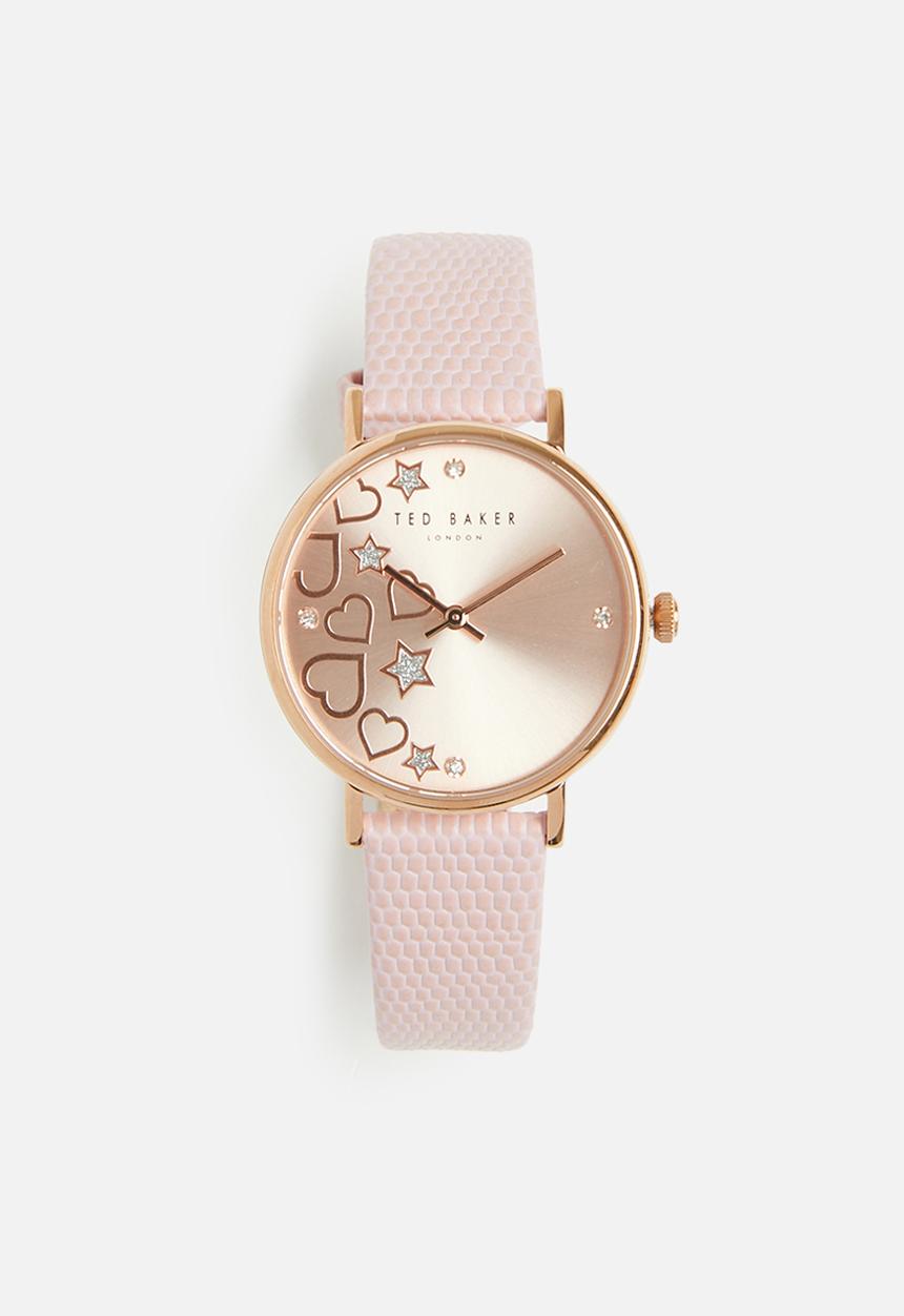 Ted Baker - Sst rose-gold case pink sunray dial with crystals at quarters bangle bracelet