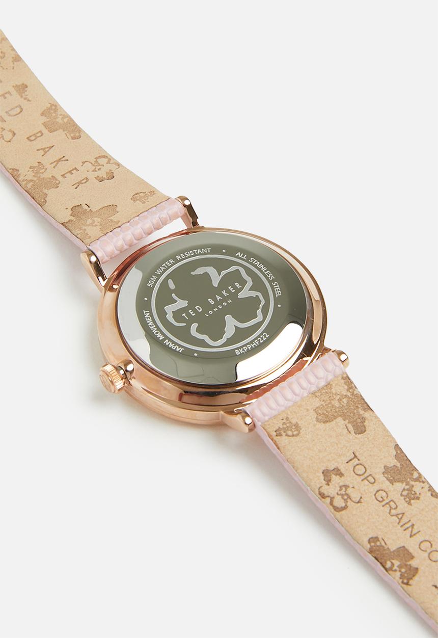 Ted Baker - Sst rose-gold case pink sunray dial with crystals at quarters bangle bracelet