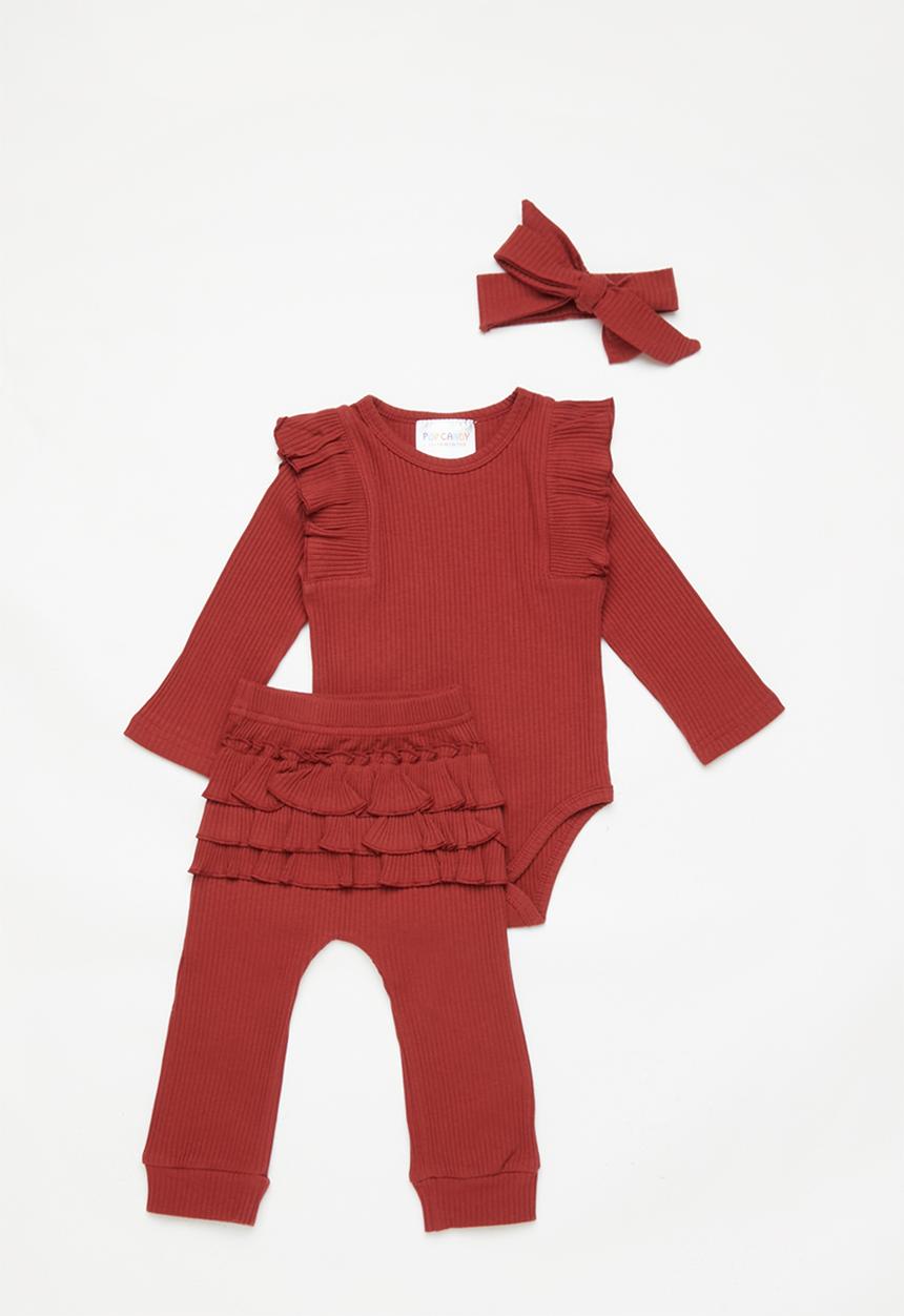 Pop Candy - Baby ruffle top, pants & leggings set - burgundy