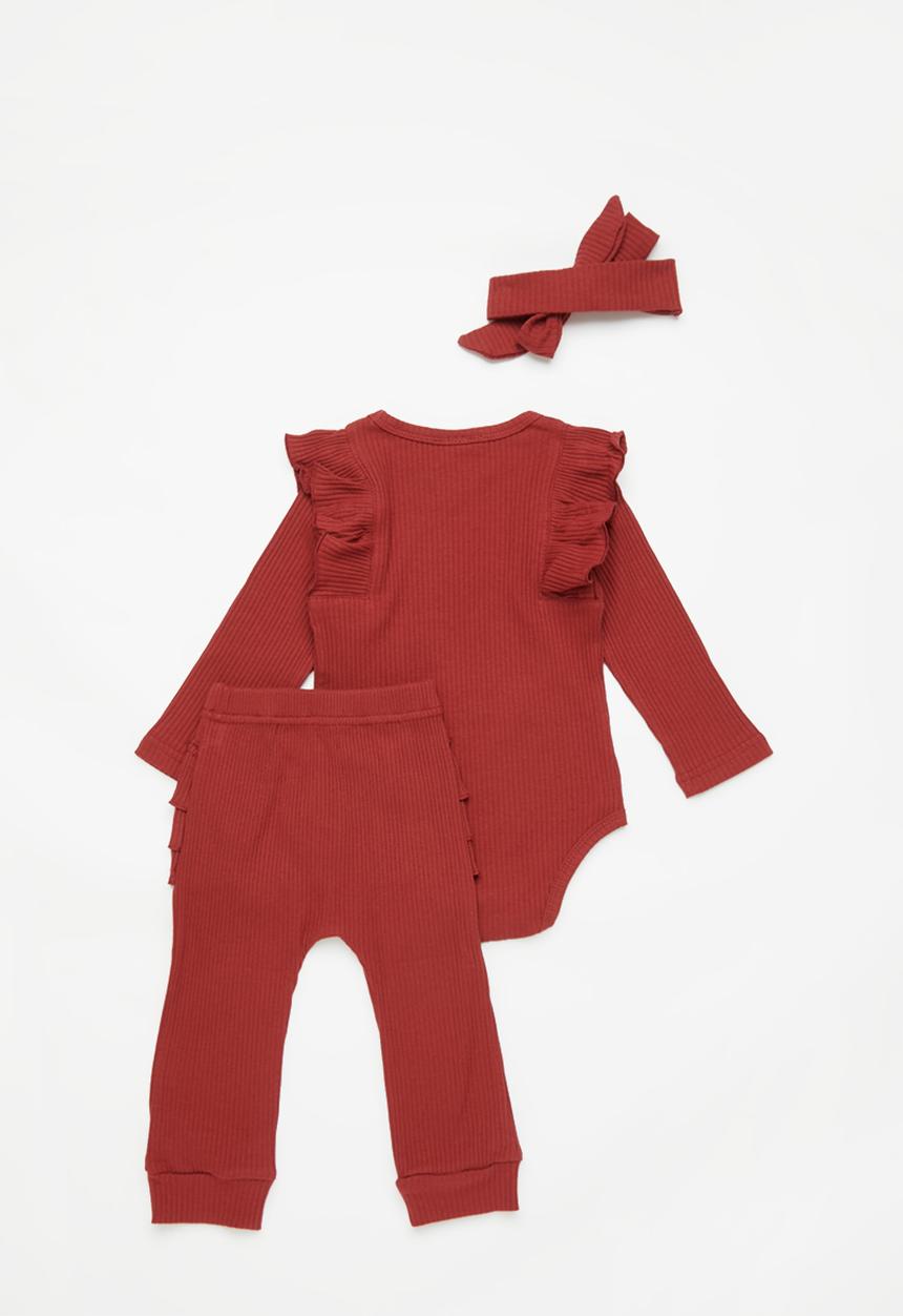 Pop Candy - Baby ruffle top, pants & leggings set - burgundy