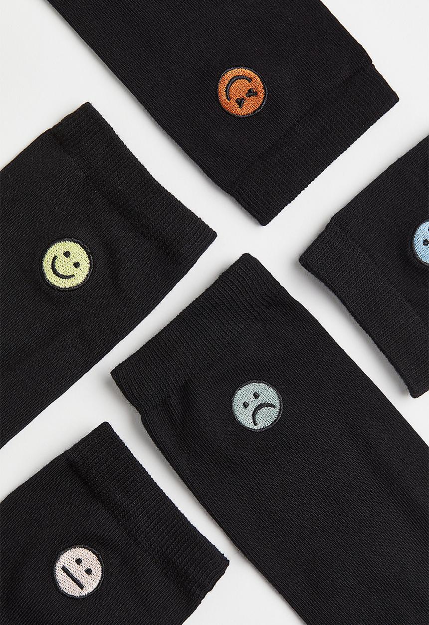 H&M - 5 Pack embroidery-detail socks - black/emojis
