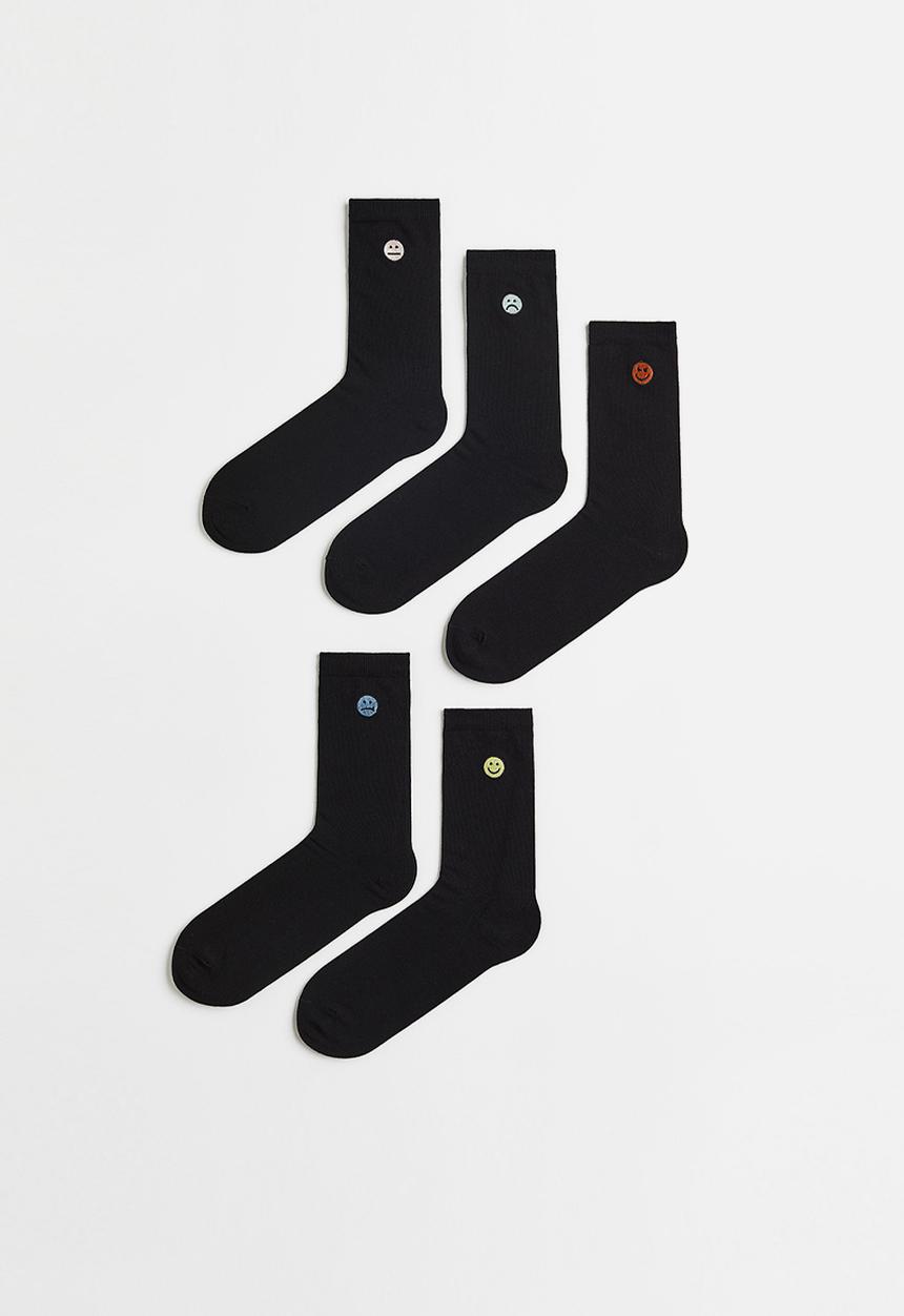 H&M - 5 Pack embroidery-detail socks - black/emojis