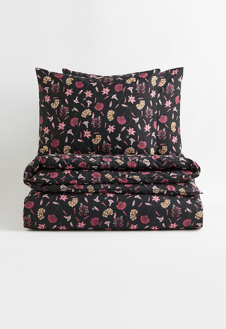 H&M - Cotton double/king size duvet cover set - black/floral