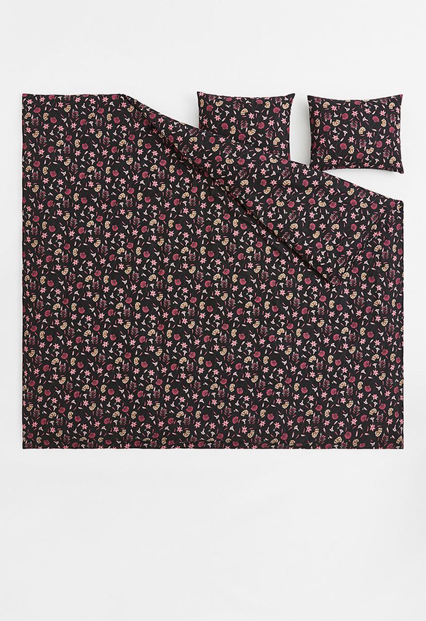 H&M - Cotton double/king size duvet cover set - black/floral
