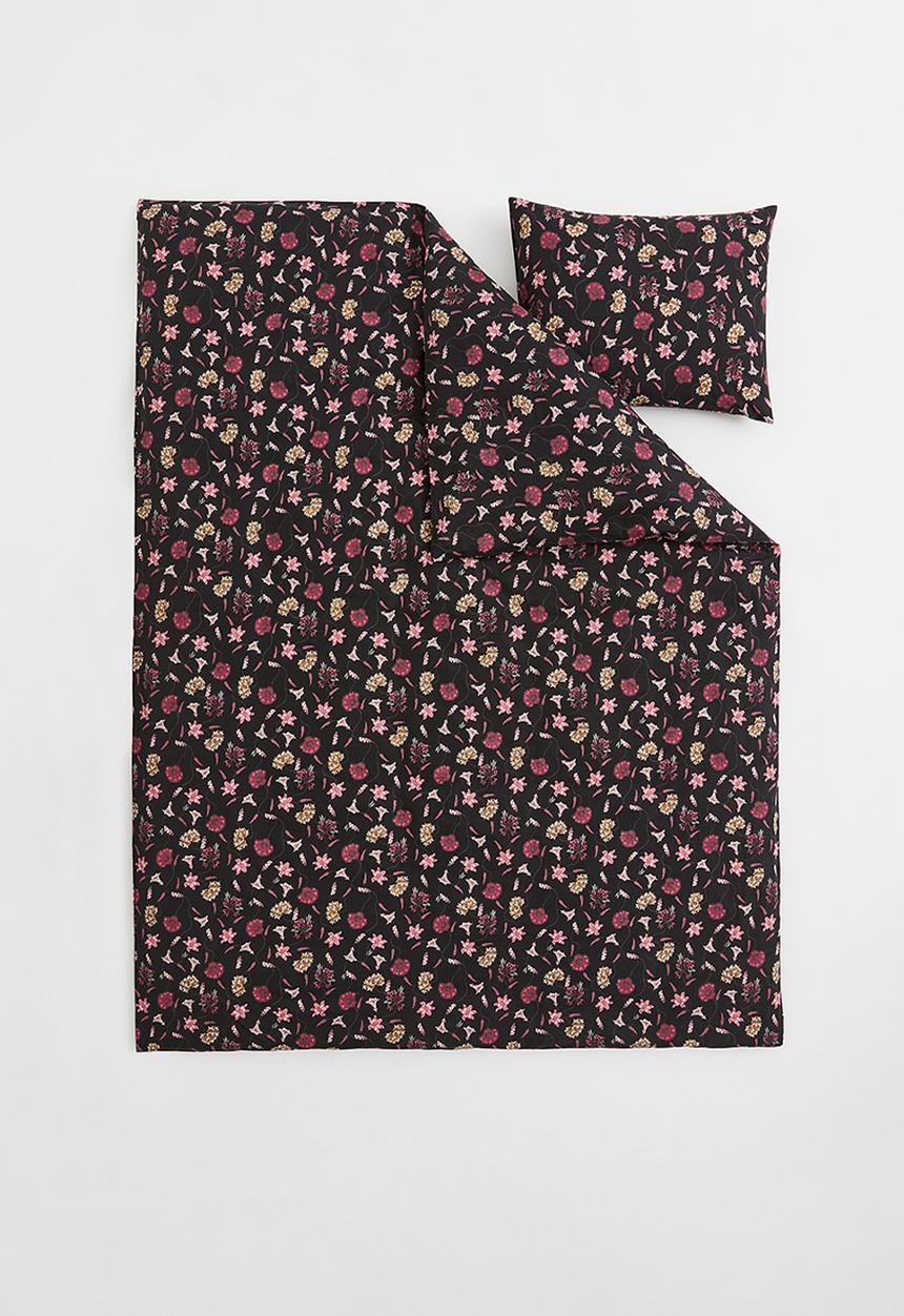 H&M - Cotton single duvet cover set - black/floral