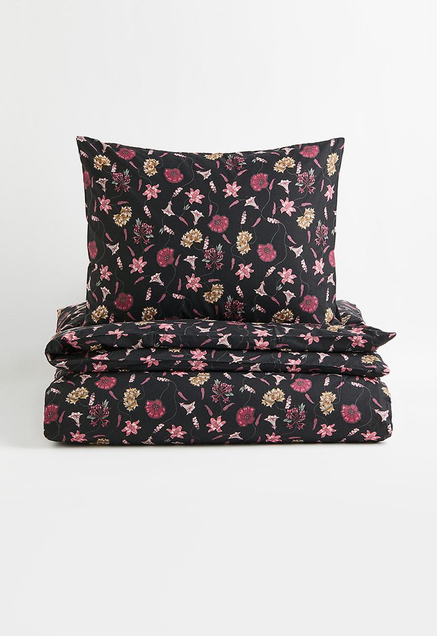H&M - Cotton single duvet cover set - black/floral