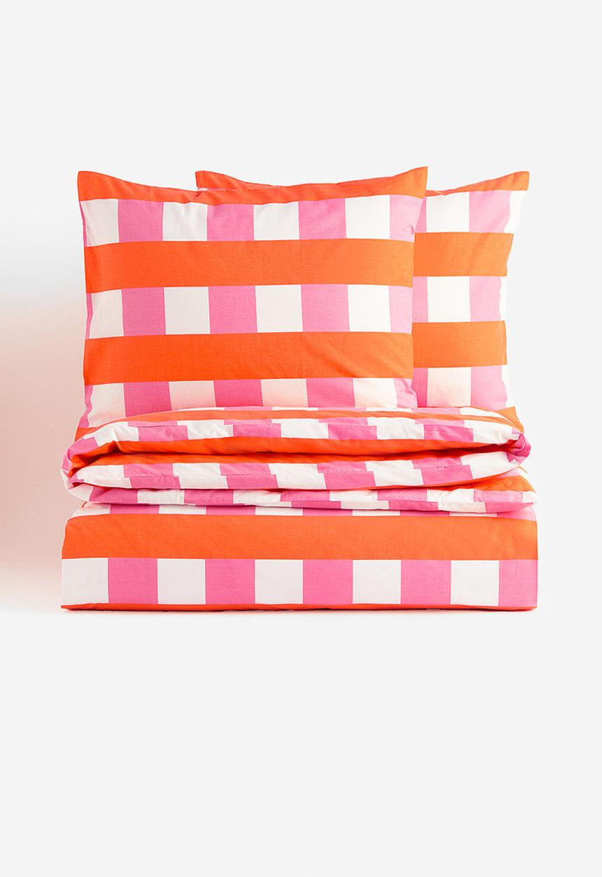 H&M - Checked double duvet cover set - orange/checked