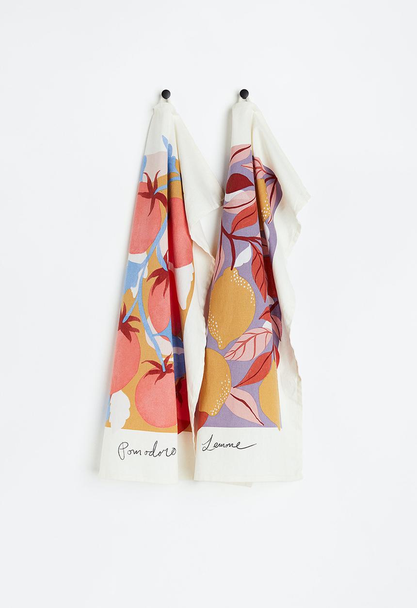 H&M - 2 Pack printed tea towels - white/lemons and tomatoes