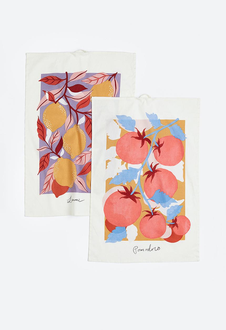 H&M - 2 Pack printed tea towels - white/lemons and tomatoes