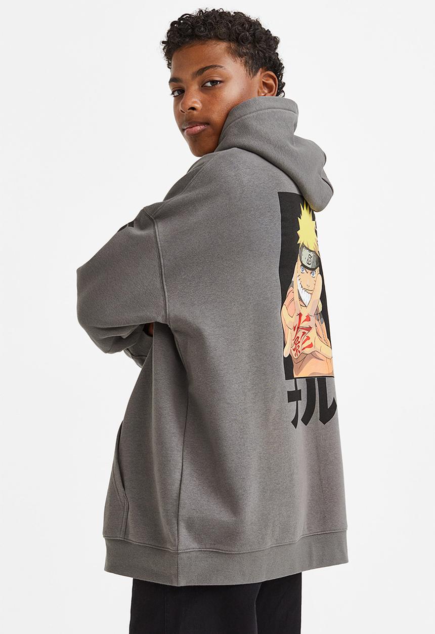 H&M - Oversized printed hoodie - grey/naruto