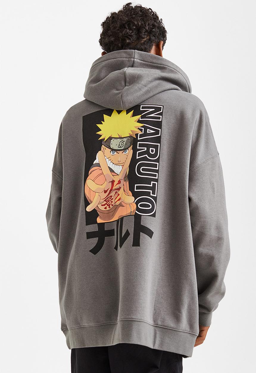 H&M - Oversized printed hoodie - grey/naruto