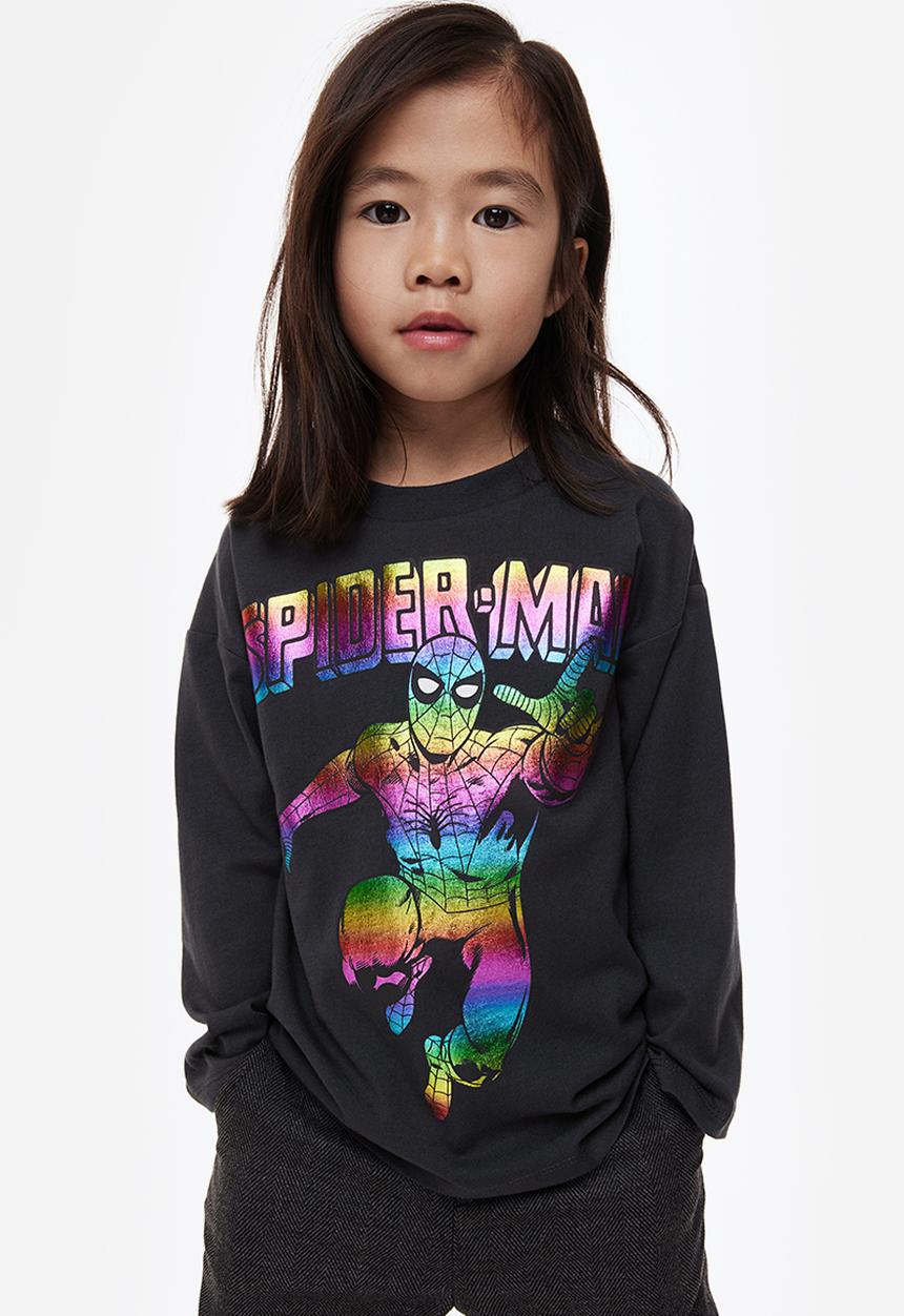 H&M - Printed cotton jersey top - dark grey/spider-man