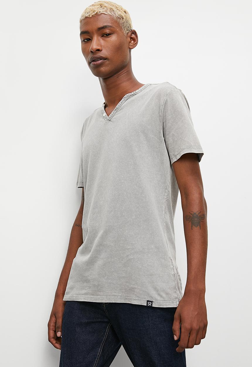 Tomy washed edge notch neck tee-mid grey