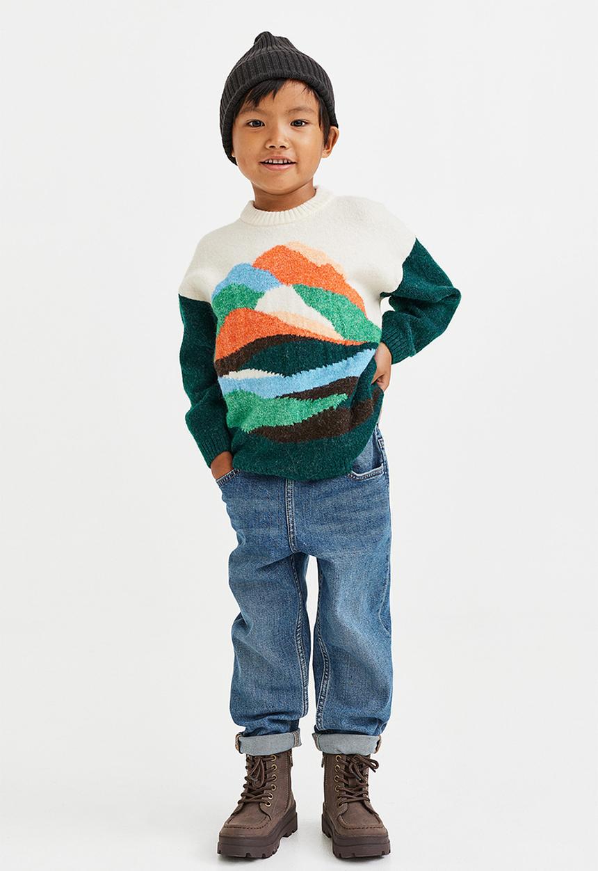 H&M - Oversized jacquard-knit jumper - dark green/mountains