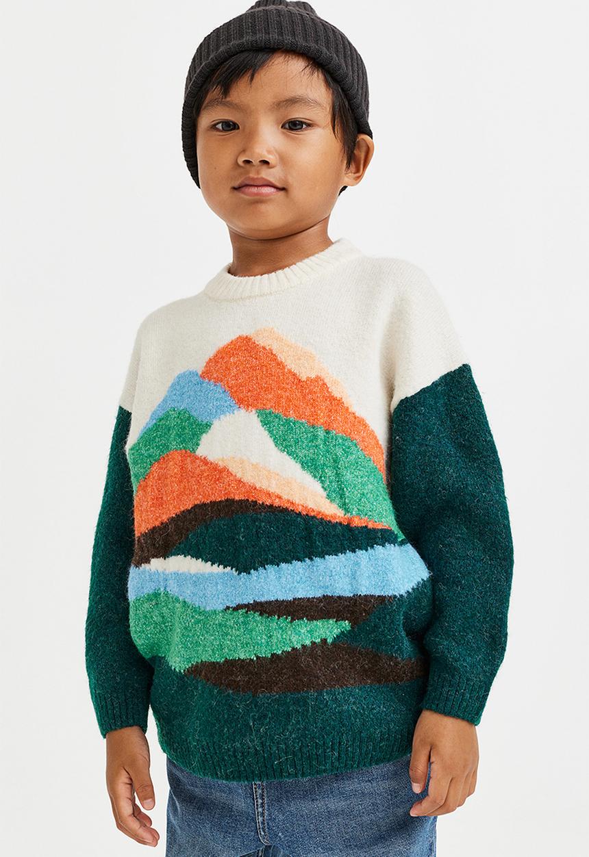 H&M - Oversized jacquard-knit jumper - dark green/mountains