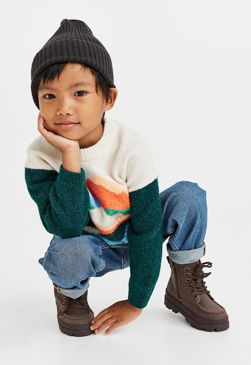 H&M - Oversized jacquard-knit jumper - dark green/mountains