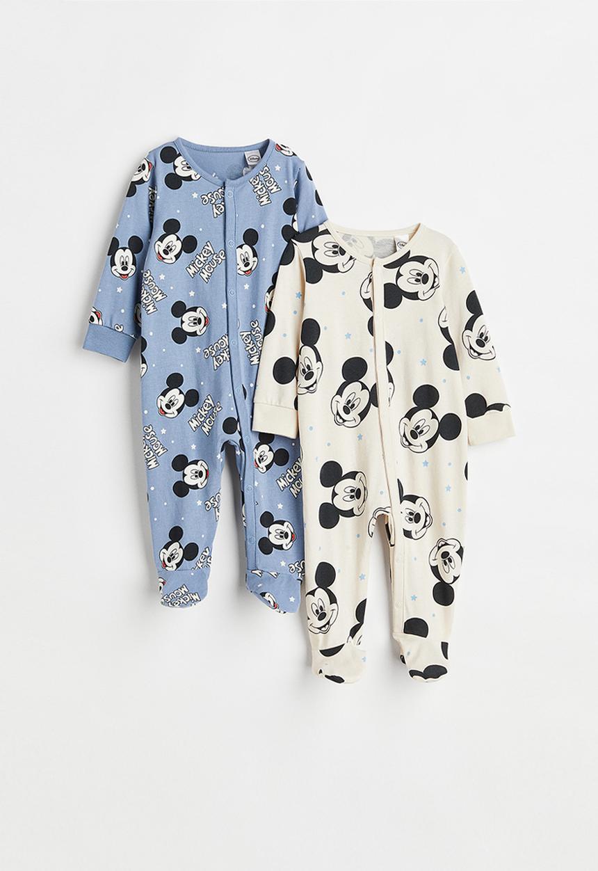 H&M - 2-Pack printed cotton all-in-one pyjamas - blue/mickey mouse