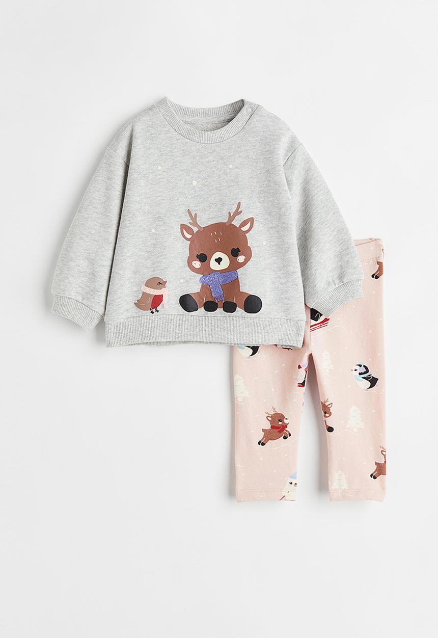H&M - 2-Piece printed cotton set - light pink/winter animals