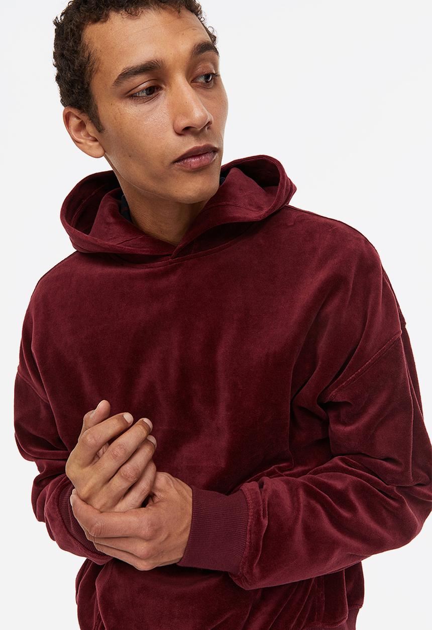 H&M - Oversized fit velour hoodie - burgundy 