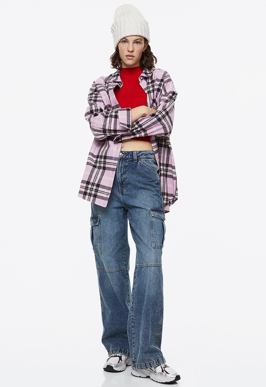 H&M - Oversized flannel shirt - light pink/black checked