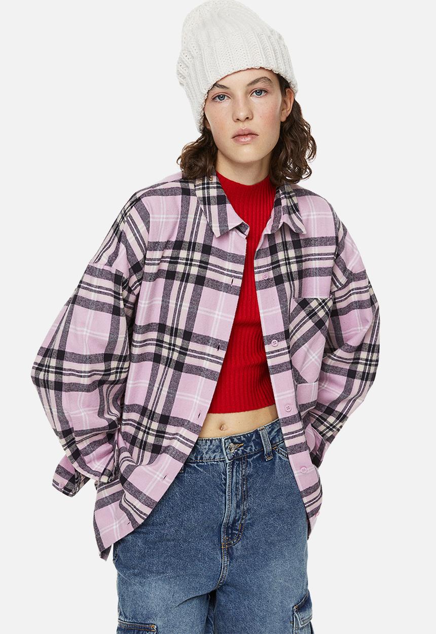 H&M - Oversized flannel shirt - light pink/black checked