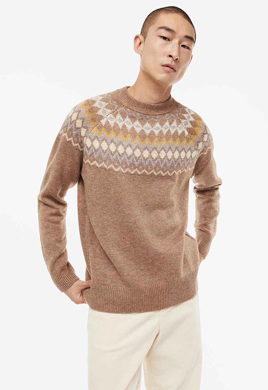 H&M - Relaxed fit jacquard-knit jumper - dark beige/patterned
