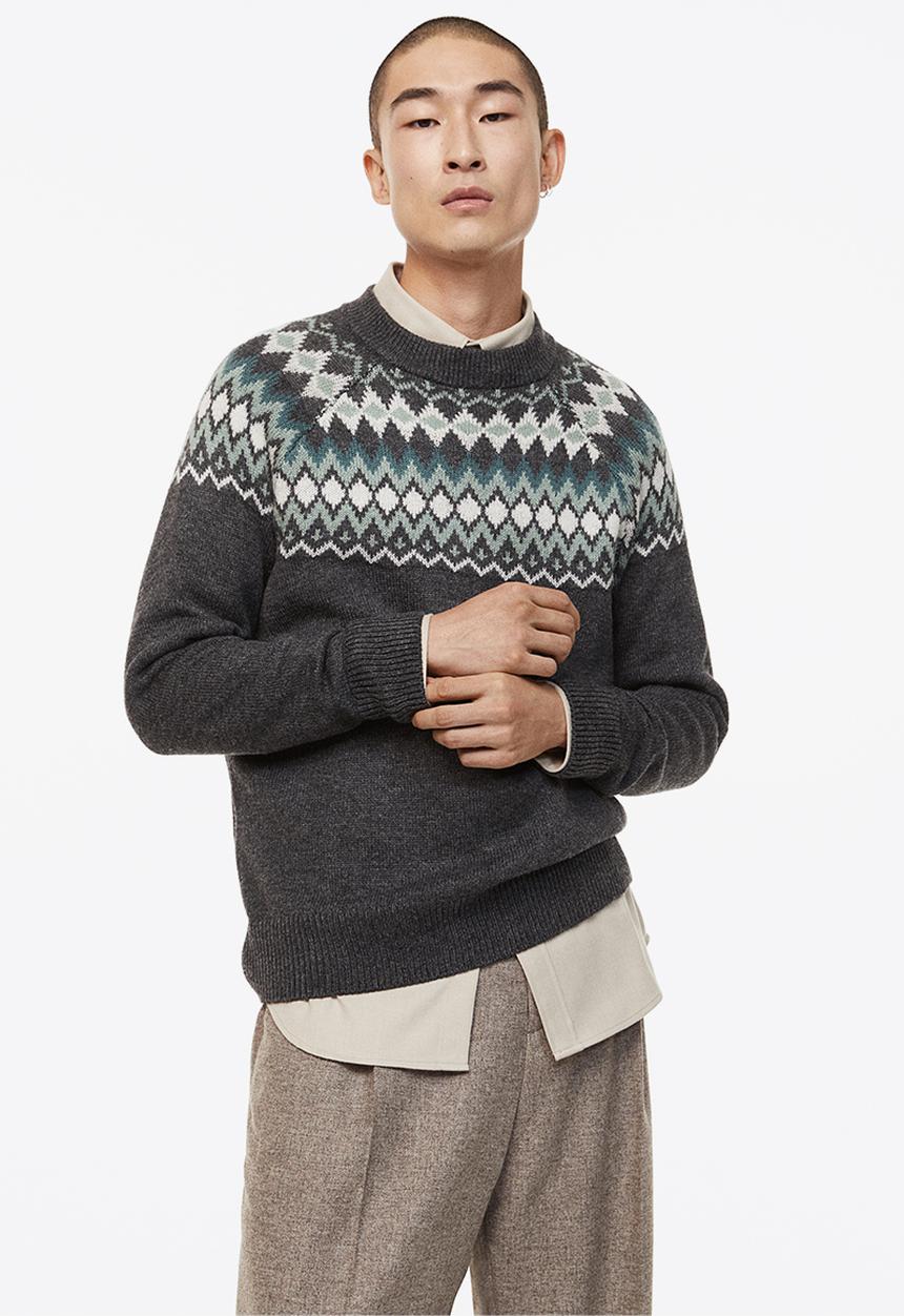 H&M - Relaxed fit jacquard-knit jumper - dark grey/patterned