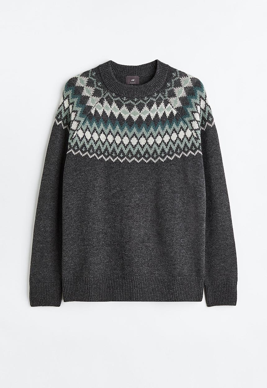 H&M - Relaxed fit jacquard-knit jumper - dark grey/patterned