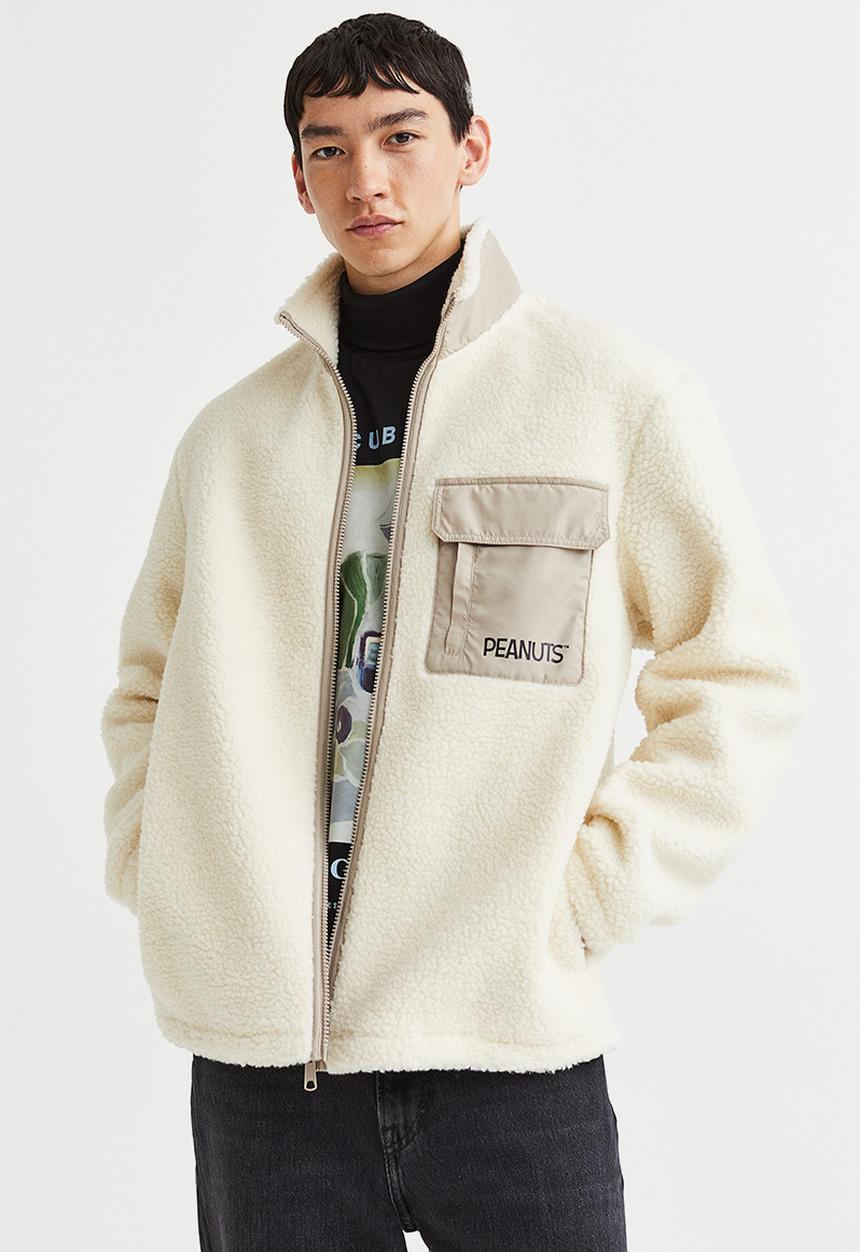 H&M - Relaxed fit fleece jacket - cream/snoopy